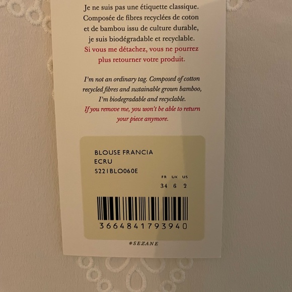NWT Sezane Francia Blouse - Size 34 Ecru - Picture 4 of 5
